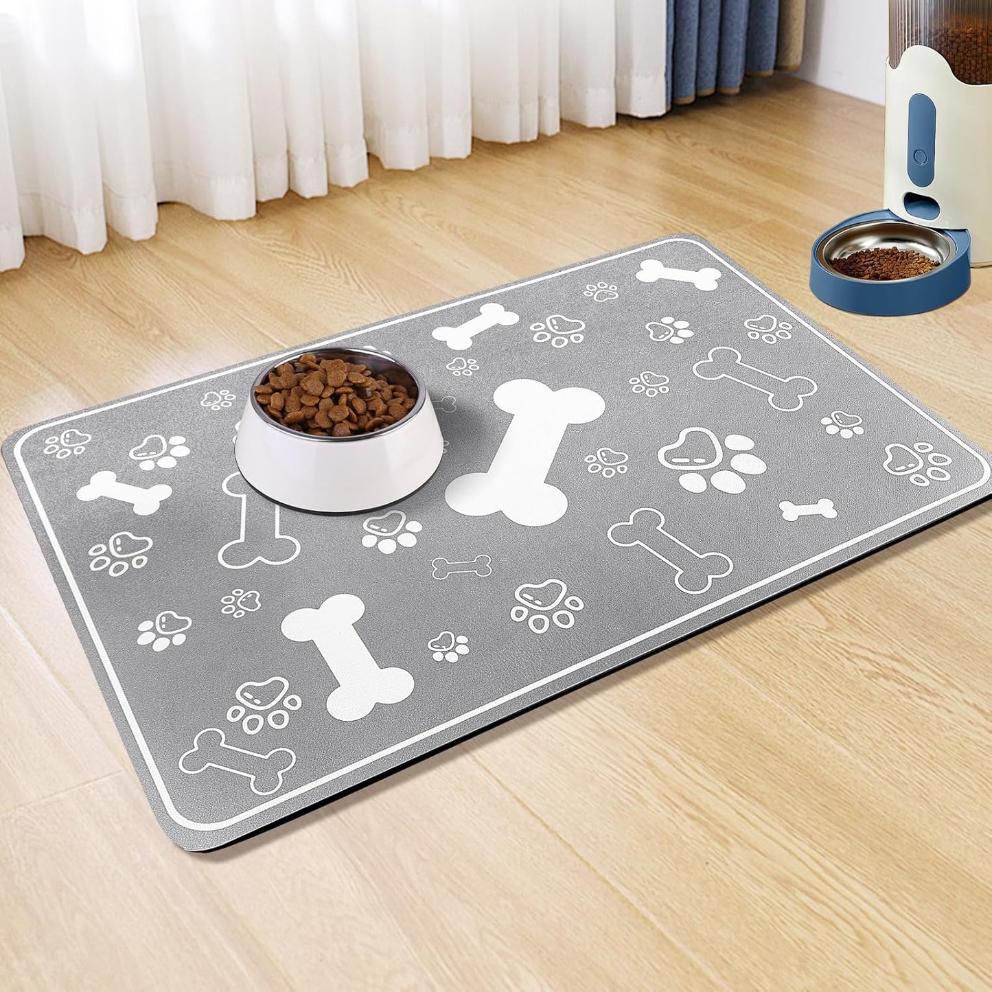 Pet Feeding Mat,Rapid Absorbent Mats for Dog Cat Food, Dog Placemat Water Bowl Mat with Rubber Backing,Messy Drinkers to Protect Floors, Pet Accessories 12"x18" Grey