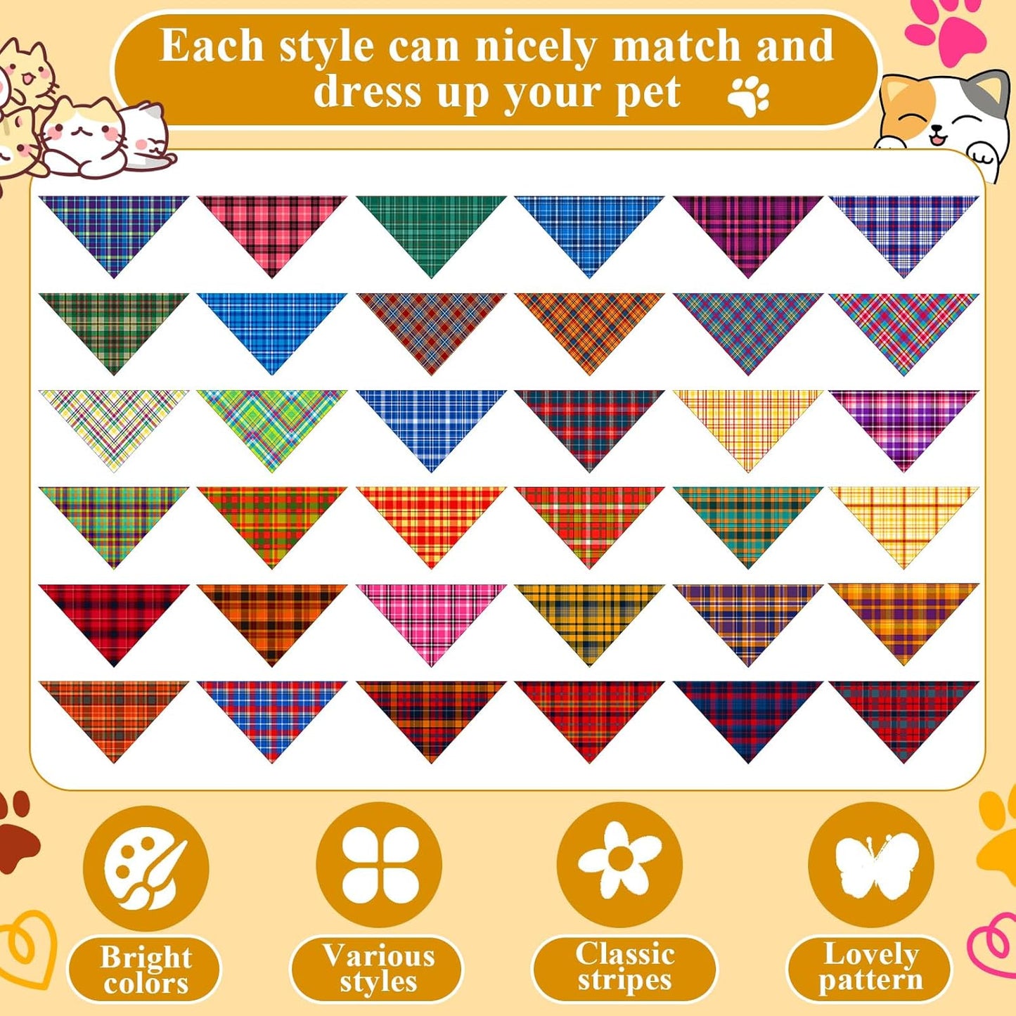 72 Pcs Plaid Dog Bandanas Bulk Triangle Scarf Cat Bibs Puppy Scarf Stripe Bandanas for Puppy Cat Birthday Party Costume
