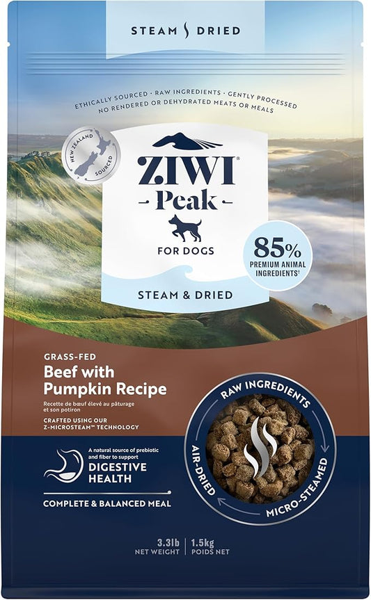 ZIWI Peak Steam & Dried Dog Food - Grass-fed Beef w/Pumpkin - High Protein, Low Carb, All Breeds & Lifestages, for Digestive Health (52.8oz)