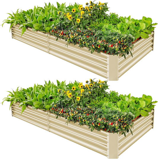 Land Guard 2 Pack 8×4×1ft Galvanized Metal Raised Garden Bed, Metal Planter Kit Box Outdoor for Deep-Rooted Vegetables, Flowers, Green and Herbs (Cream Yellow)