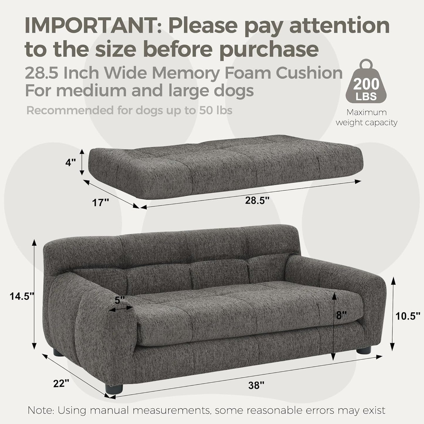 Dog Couch Bed, Mini Sofa for Dogs with Backrest and Armrest, Durable Pet Sofa with Soft Foam Cushion, Elevated Dog Couch Bed with Legs for Medium and Large Dogs, Stone Grey