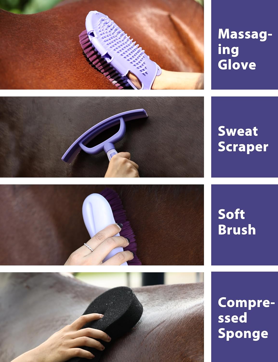 11PCS Horse Grooming Kit Curry Comb Sweat Scraper Horse Bathing Supplies Grooming Tools with Storage Bag Sugar Taro