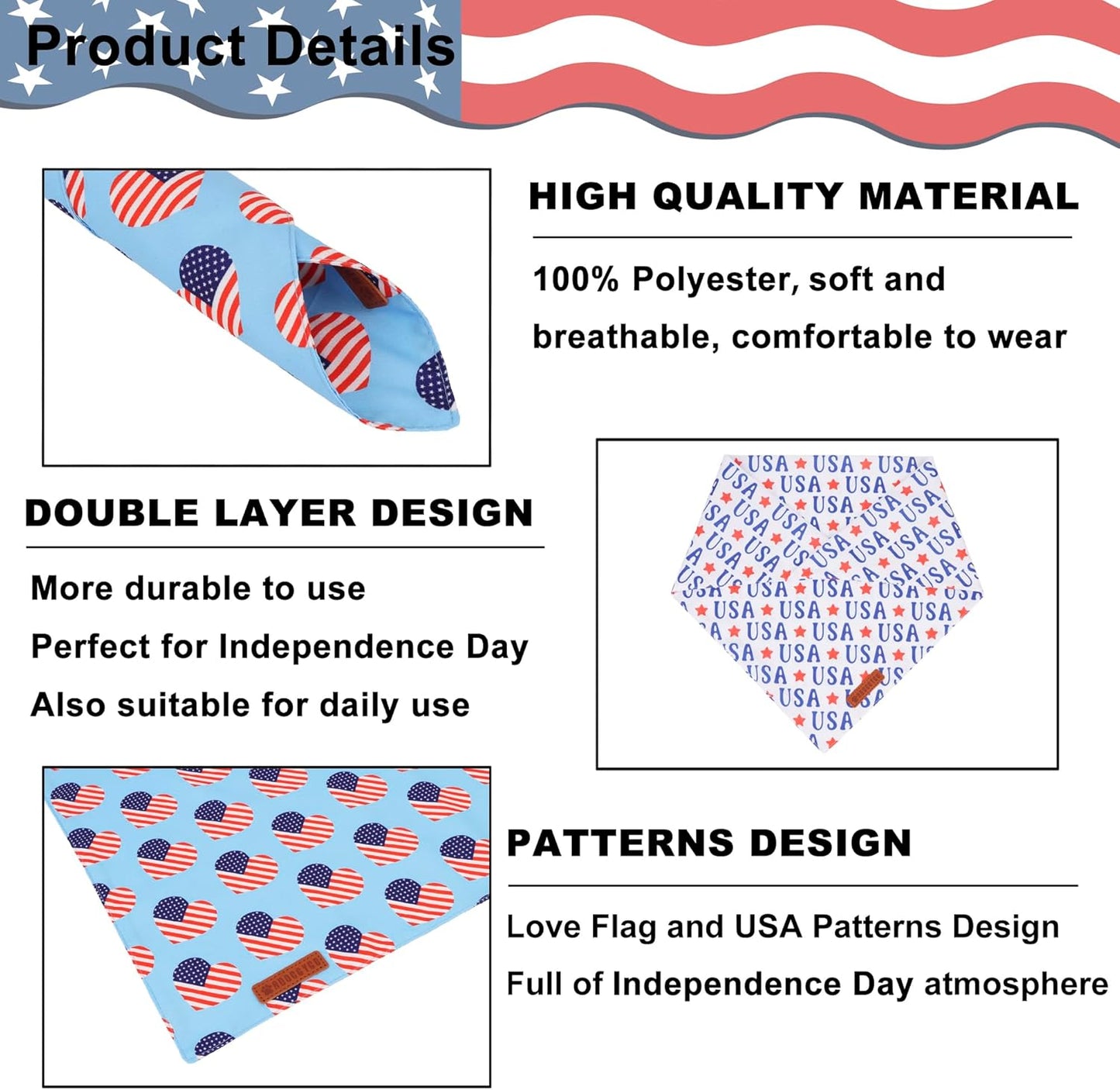 ADOGGYGO 4th of July Dog Bandanas, American Flag Pet Scarf, Multi Size Offered, White Blue Flag Bandana for Small Dogs Pets (Small)