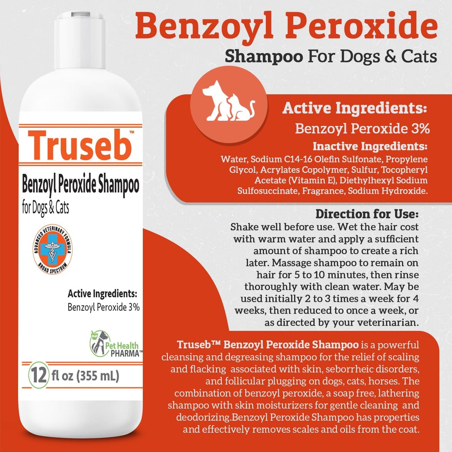 Truseb | Benzoyl Peroxide 3% Shampoo for Dogs,Cats and Horses (3% Benzoyl Peroxide Shampoo, 12 oz)