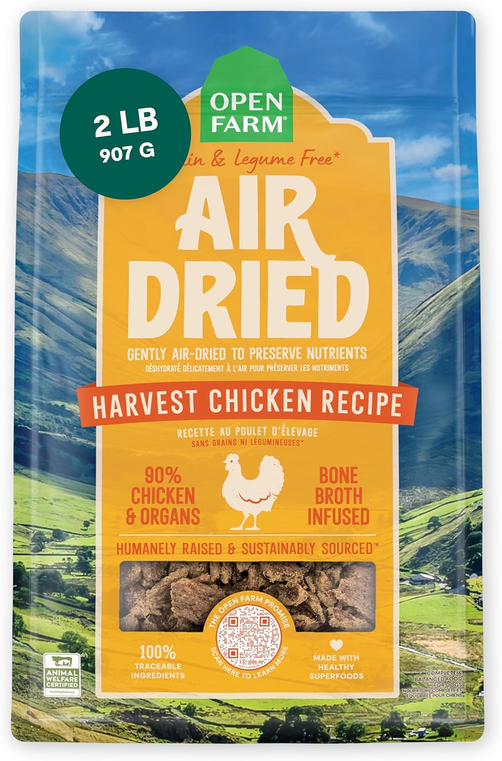 Open Farm, Air Dried Dog Food Infused with Bone Broth, Grain & Legume Free, Complete Meal or Food Topper, Harvest Chicken Recipe, 2lb Bag