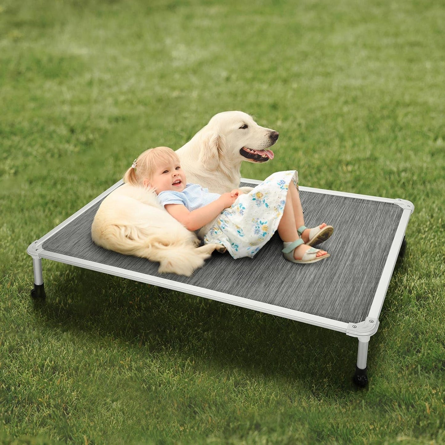 Veehoo Chew Proof Elevated Dog Bed - Cooling Raised Pet Cot - Silver Aluminum Frame and Durable Textilene Mesh Fabric, Unique Designed No-Slip Feet for Indoor or Outdoor Use, Black Silver, X Large