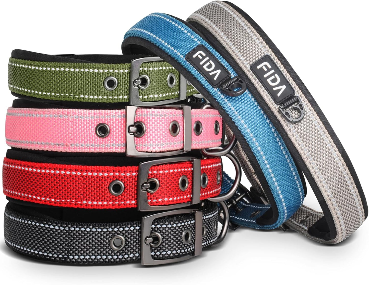 Fida Heavy Duty Dog Collar for Large Dogs, Ultra Comfortable Soft Neoprene Padded, Adjustable Reflective Nylon Pet Collar with Durable Metal Belt Buckle for Large Breeds (L, Green)