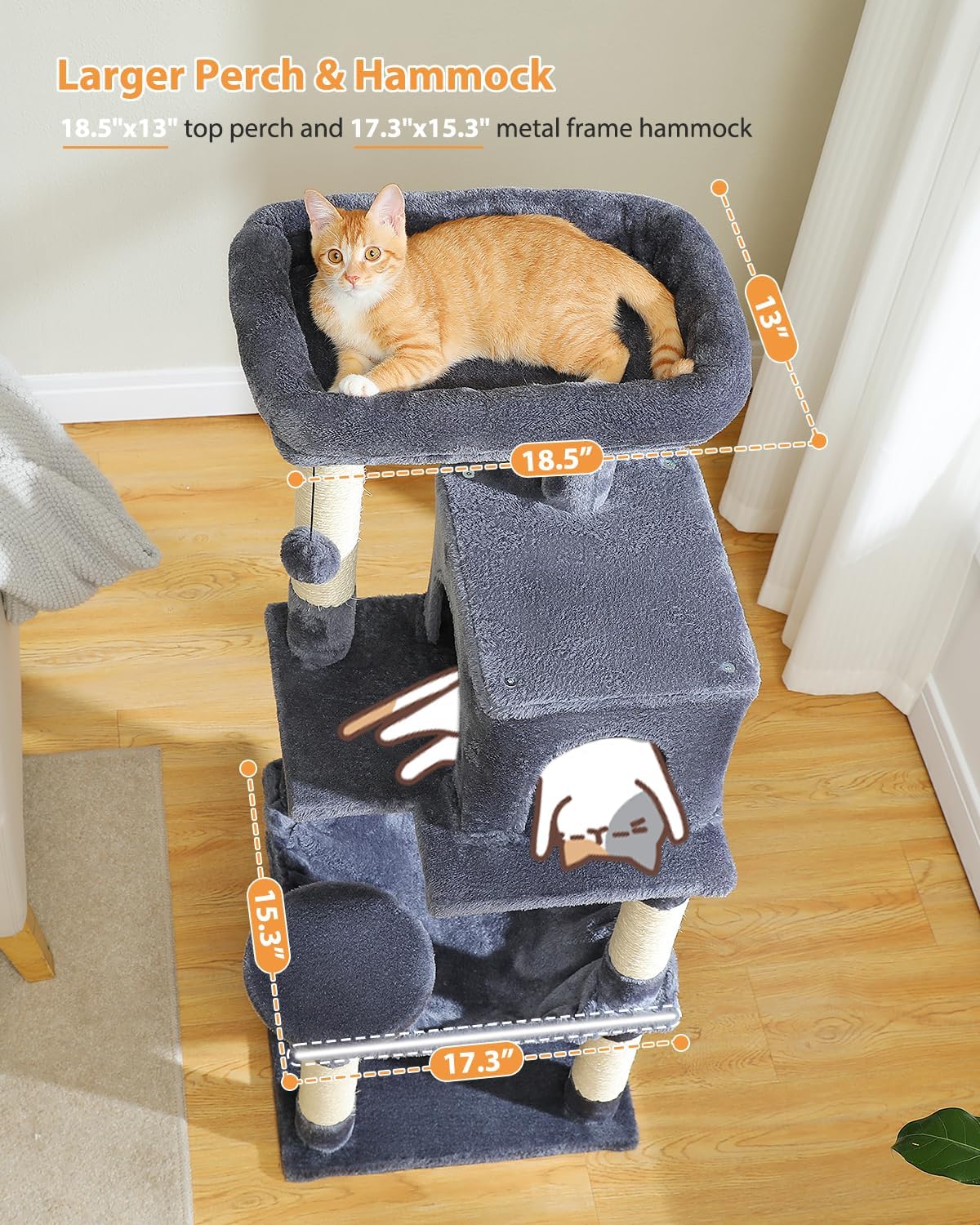 PETEPELA 45.7" Cat Tree for Indoor Cats, 5-Level Cat Tower for Large Cats with Metal Frame Large Hammock (17.3"x15.3"), Cat Condo with (18.5"x13") Big Top Perch & 4 Sisal Covered Scratching Post Dark