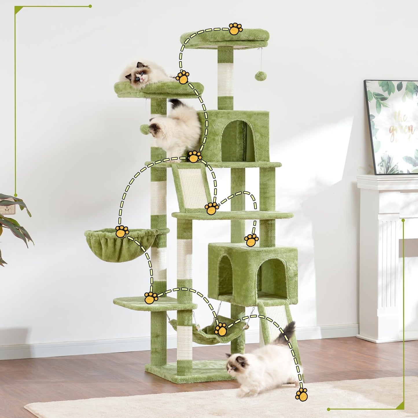 Cat Tree for Indoor Cats, 71'' (180cm) Multi-Level Cat Tower for Large Adult, Sturdy Cat Tree House with 2 Scratching Boards 7 Posts, 2 Plush Perches/Condos, Hammock, Green GCT032GR