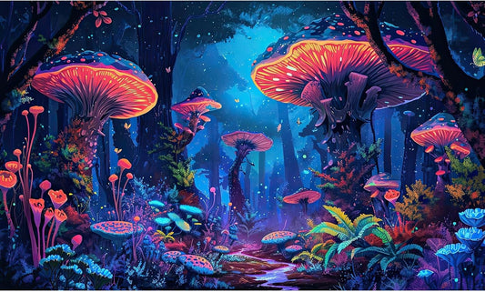 Mushrooms Aquarium Background Fantasy Bright Flowers Butterflies Fish Tank Backdrop Decoration Poster Trippy Wonderland Landscape with Giant Mystical Mushrooms Terrarium Background Decor 30x12in