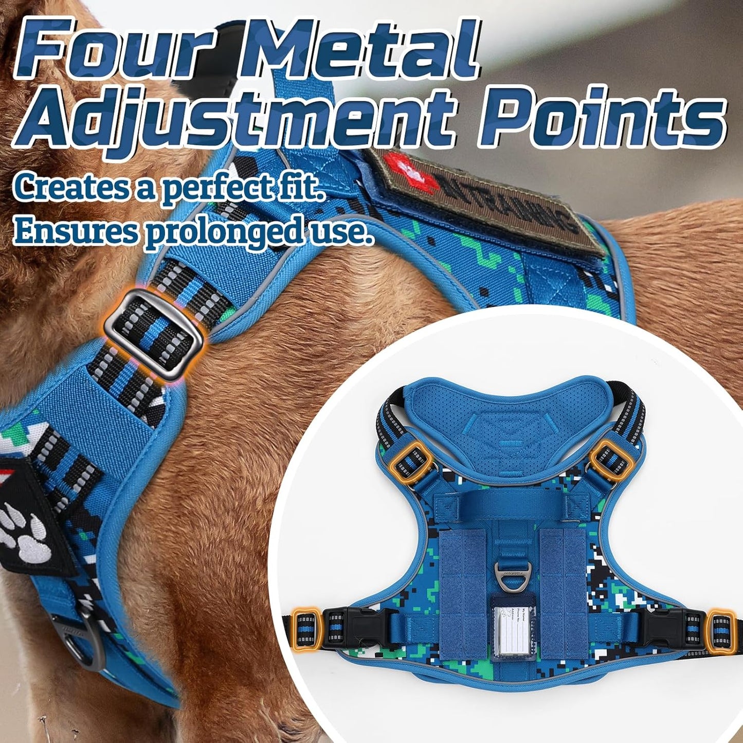 rabbitgoo Tactical Dog Harness Medium Sized Dog, No Pull Military Service Vest with Handle & Molle, Easy Control for Training Walking, Adjustable Reflective Straps, Blue Camo, M