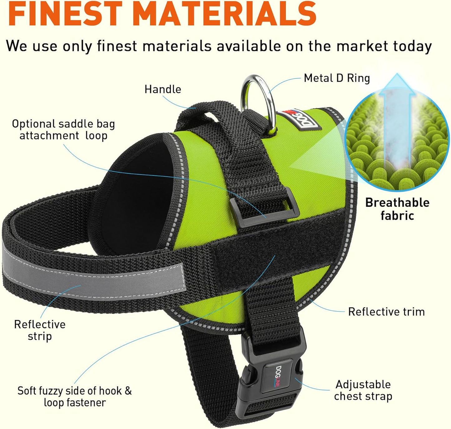 Dogline Dog Harness, Reflective No-Pull Adjustable Vest with Handle for Walking, Training, Breathable, No - Choke Harness for Small, Medium or Large Dogs Room for Patches Girth 22"-28" in Lime Green