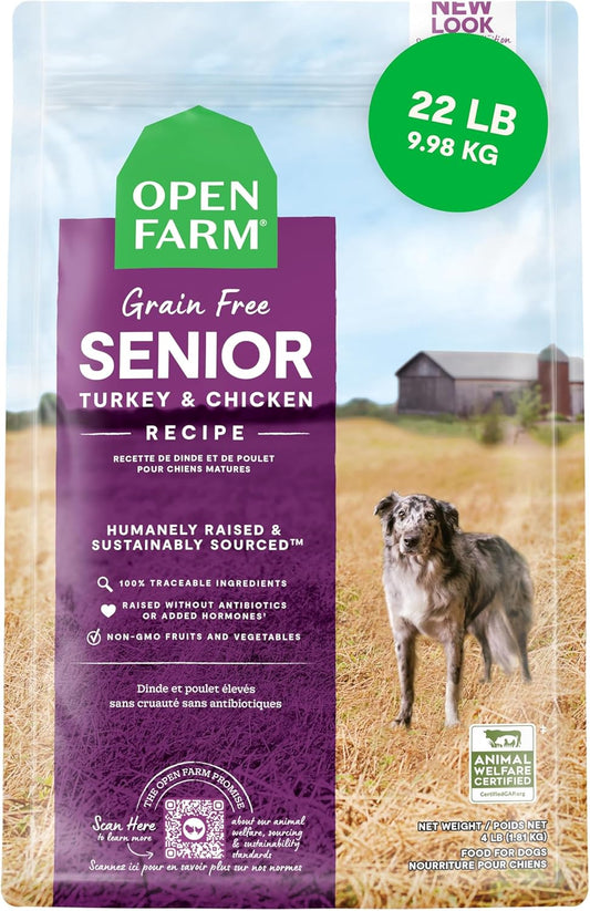 Open Farm, Grain-Free Dry Dog Food for Senior Dogs, Complete & Balanced Kibble to Support Joints & Mobility, Sustainably & Ethically Sourced Ingredients, Chicken & Turkey Recipe for Seniors, 22lb Bag