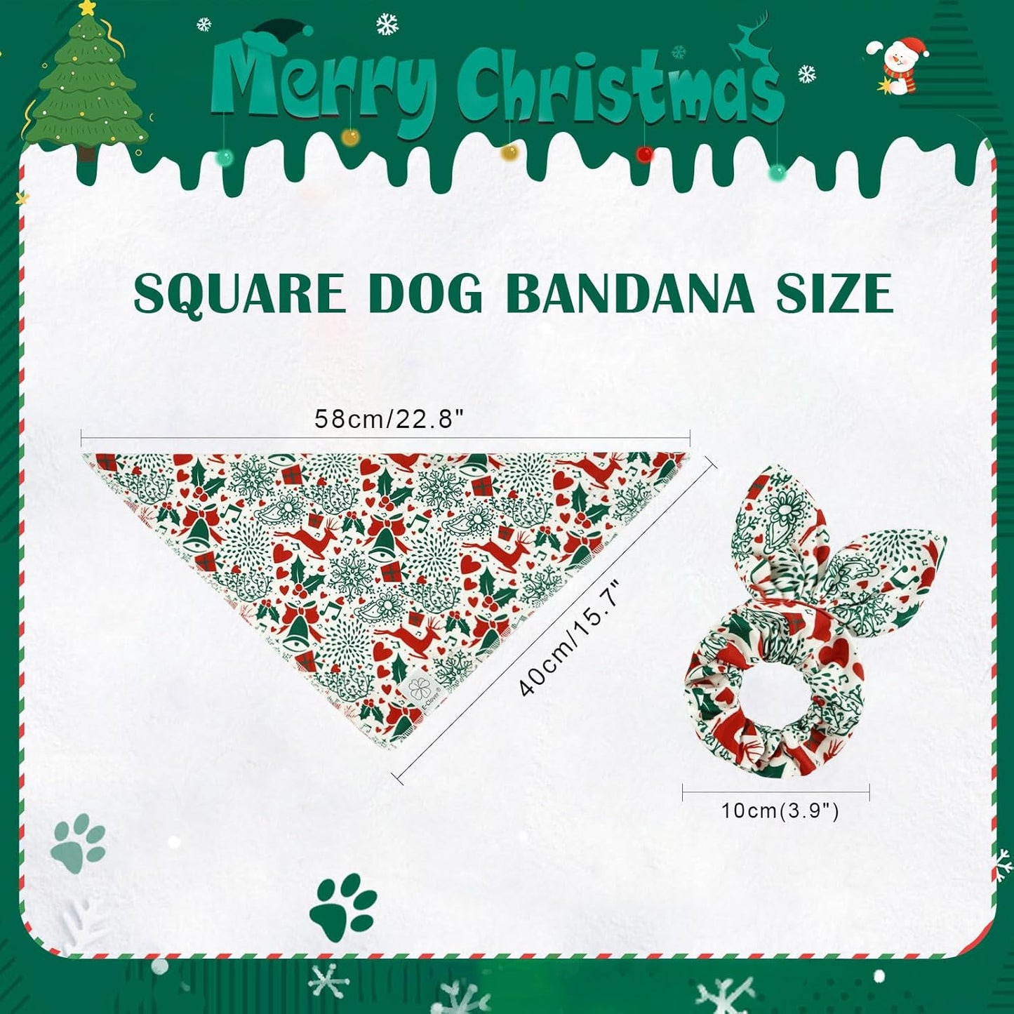 E-Clover Christmas Dog Bandanas & Matching Scrunchie Set White Green Red Dog Scarf Bibs Pet Bandana with Bow Tie for Small Dogs Puppy Owner Mom Winter