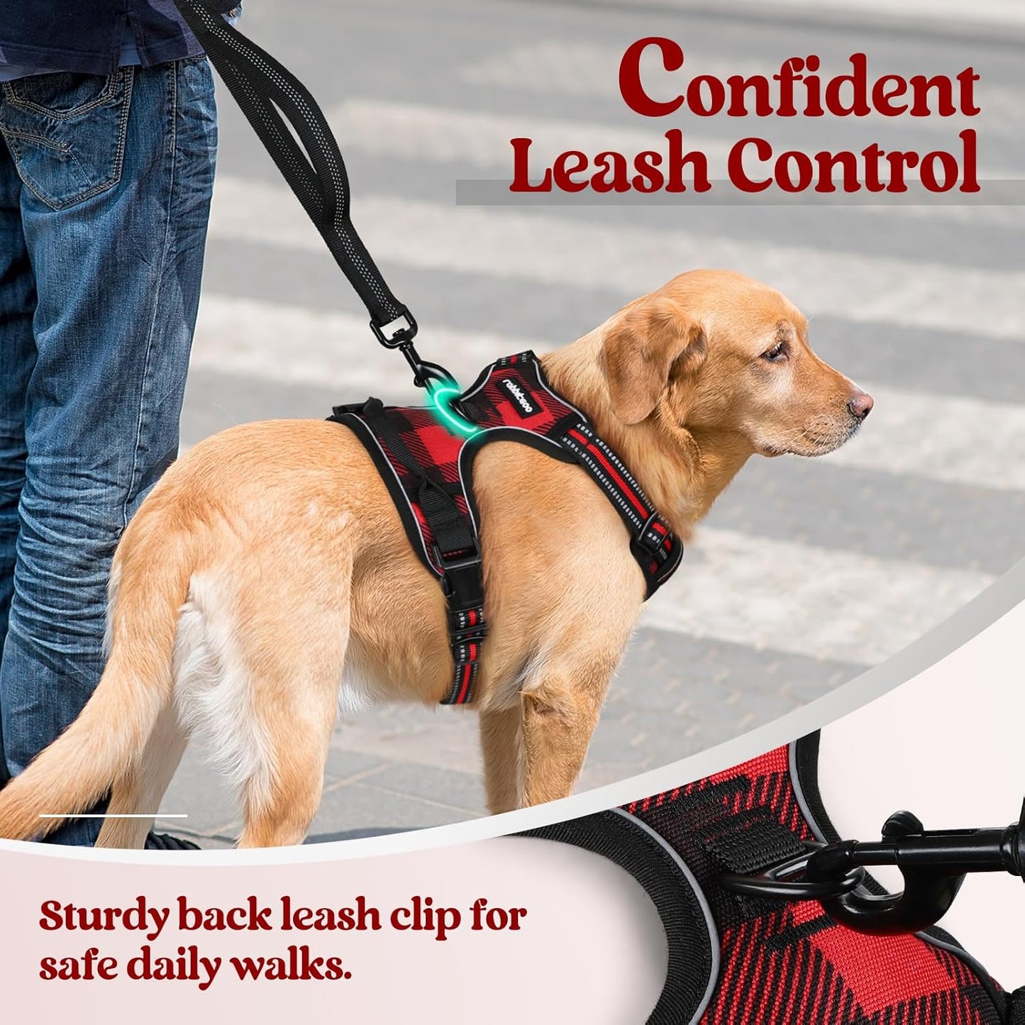 rabbitgoo Dog Harness No Pull with 2 Leash Clips, Adjustable Soft Padded, Reflective Oxford No Choke Pet Vest with Easy Control Handle for Small Dogs, Red Plaid, S