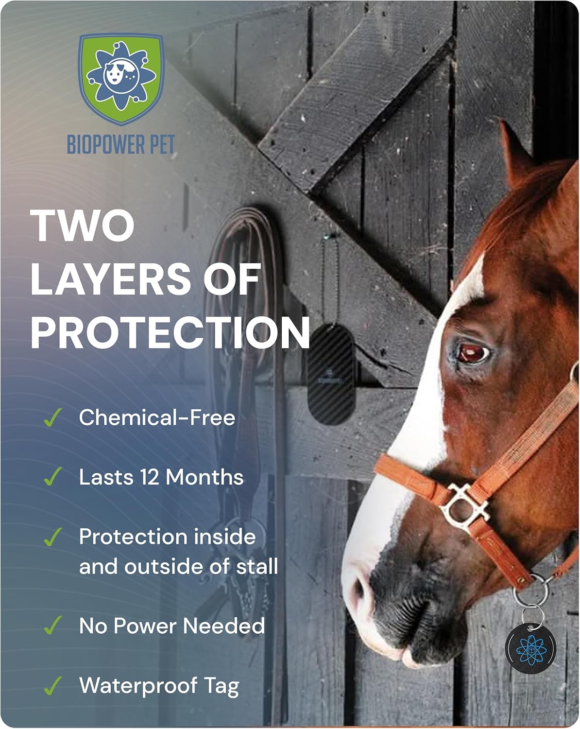 BioPower Natural Fly & Tick Repellent for Horses - Horse Shield and Stall Tags with 1-Year Bioresonance Protection – Chemical-Free, Waterproof Carbon Tag Clips to Halter – Holistic & Safe Pest Defense