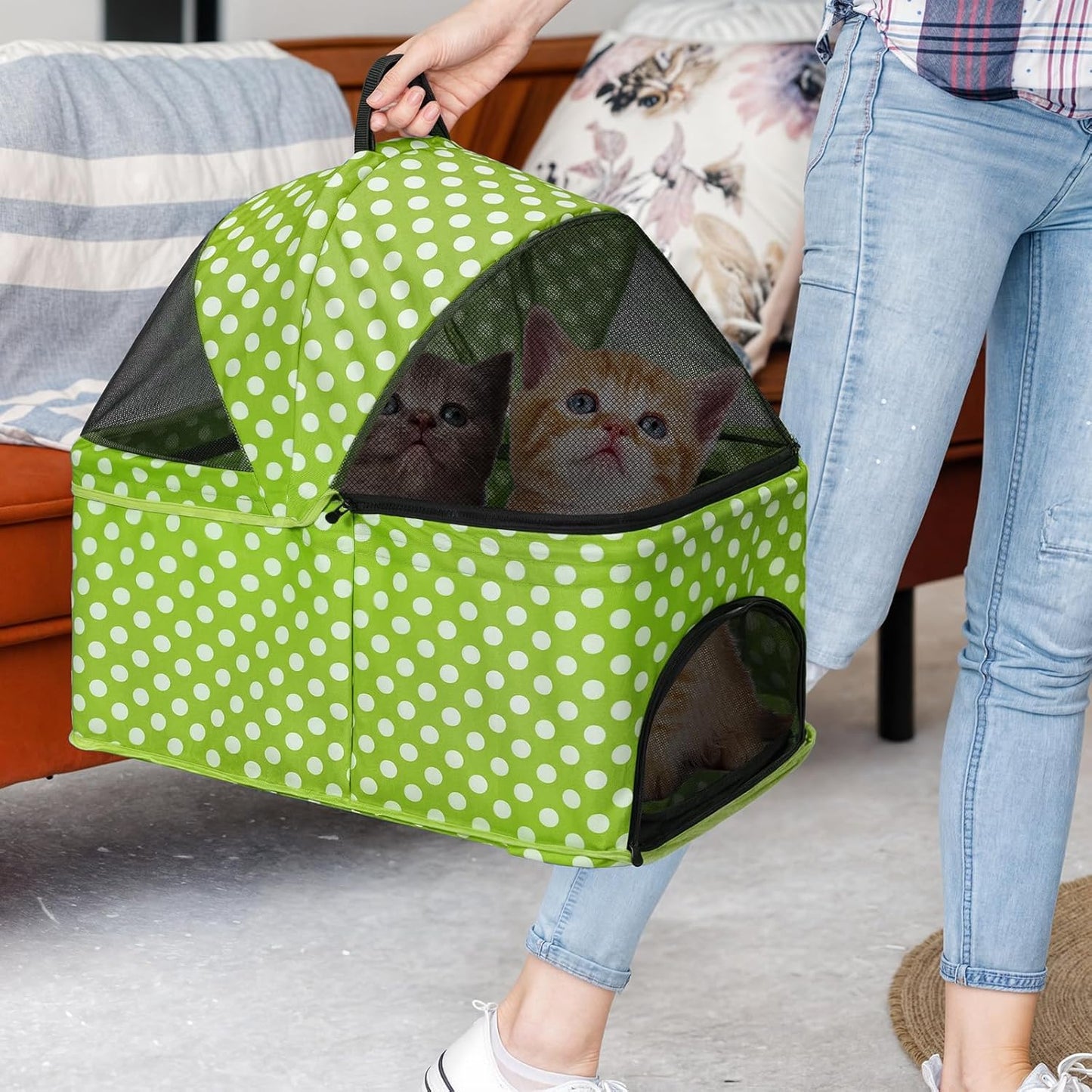 Magshion Foldable Pet Stroller, 3-in-1 Dog Travel Jogger with Detachable Carrier, Cup Holder, Storage Basket, Folding Carrier for Small/Medium Dogs & Cats Up to 33 lbs, Lawn Green Polka Dots