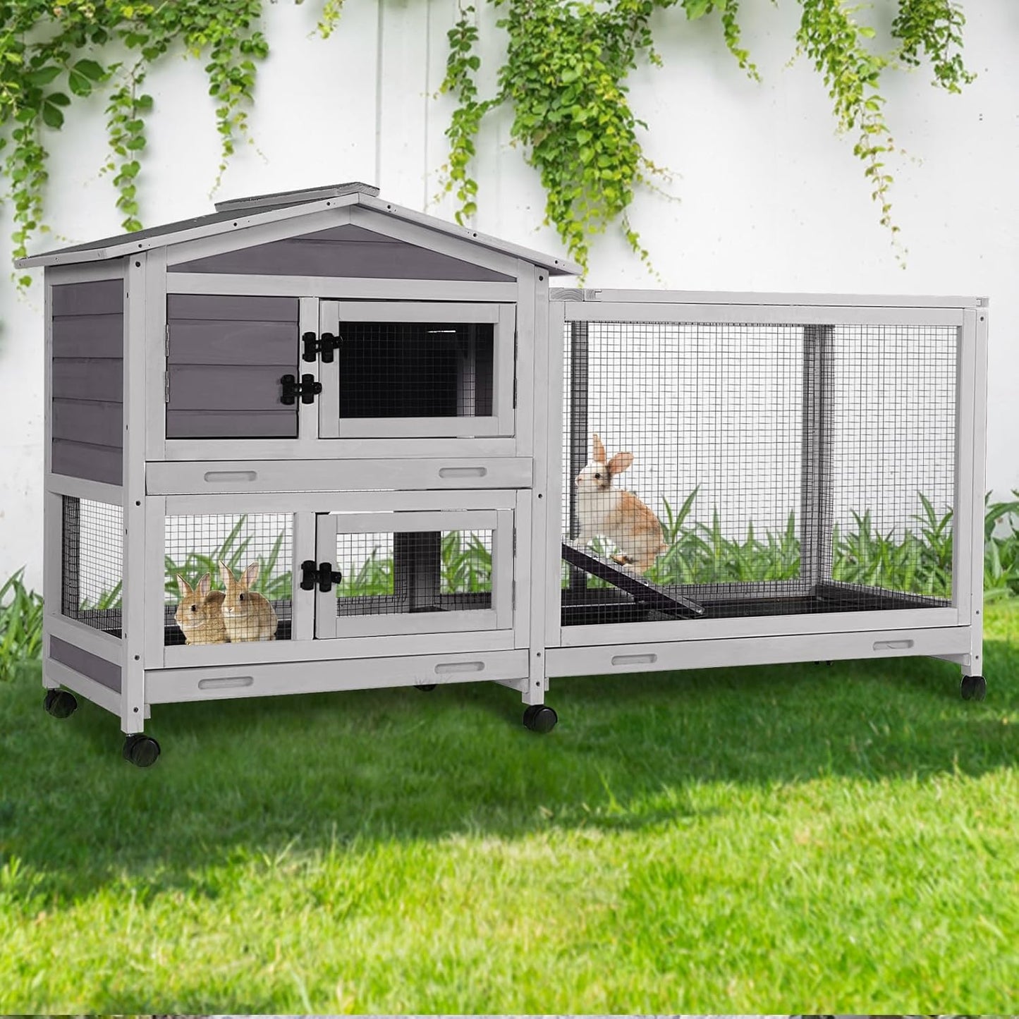 GUTINNEEN Rabbit Hutch Indoor with Chew-Proof Ramp, 62" L Wooden Rabbit Cage with 6 Casters, Bunny Cage with 2 Trays and 2 Story for Small to Medium Animals (Gray)