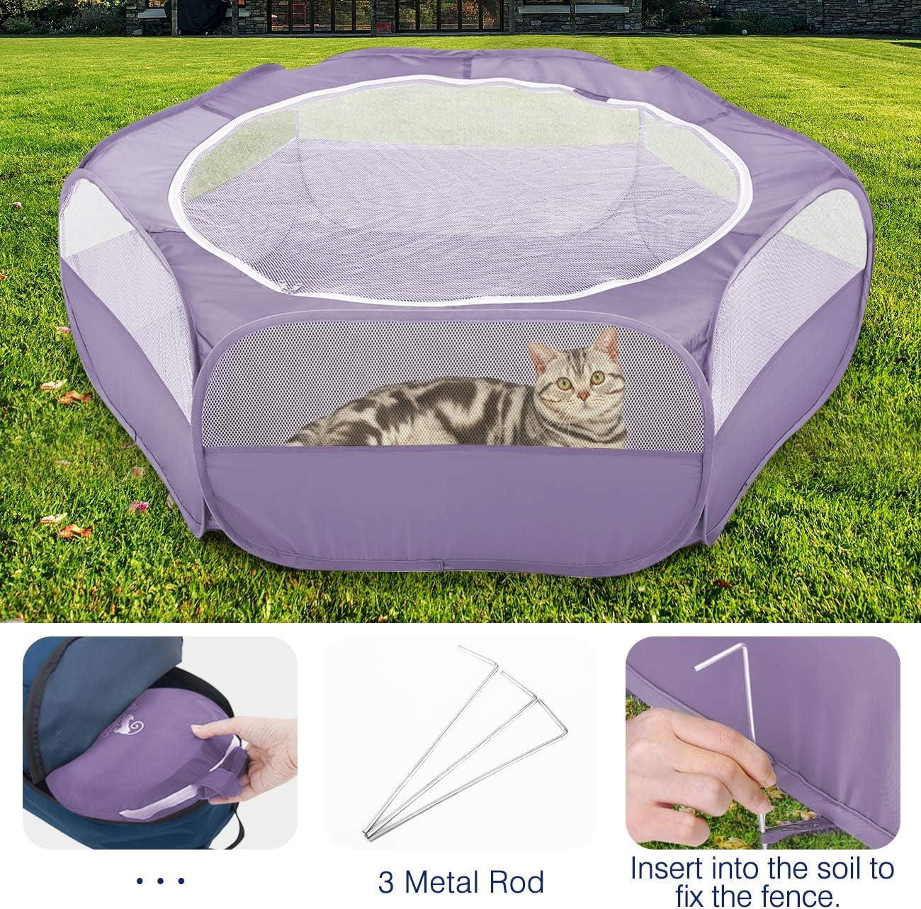 Pawaboo Small Animals Playpen, Waterproof Small Pet Cage Tent with Zippered Cover, Portable Outdoor Yard Fence with 3 Metal Rod for Chick/Kitten/Puppy/Guinea Pig/Rabbits/Hamster/Chinchillas, Purple