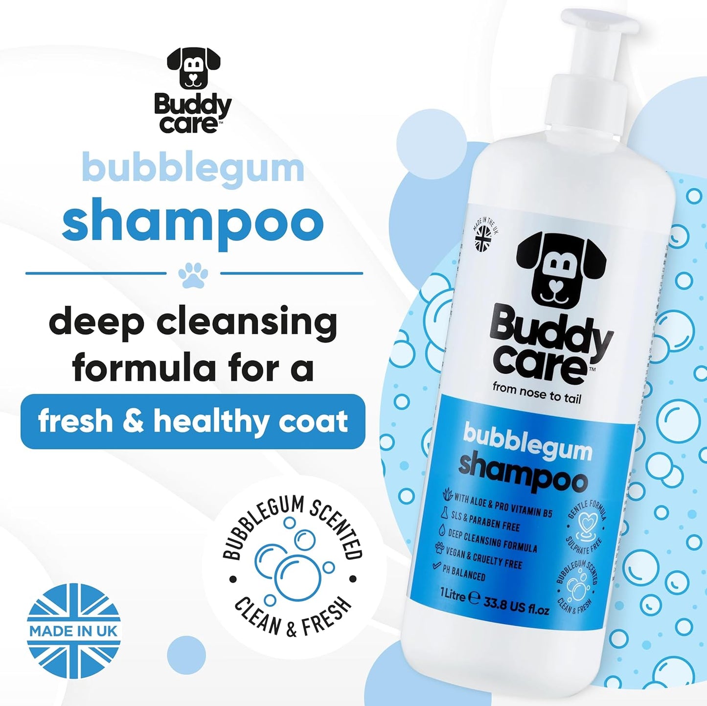 Bubblegum Dog Shampoo by Buddycare | Deep Cleansing Shampoo for Dogs | Bubblegum Scented | with Aloe Vera and Pro Vitamin B5 (33.8oz)