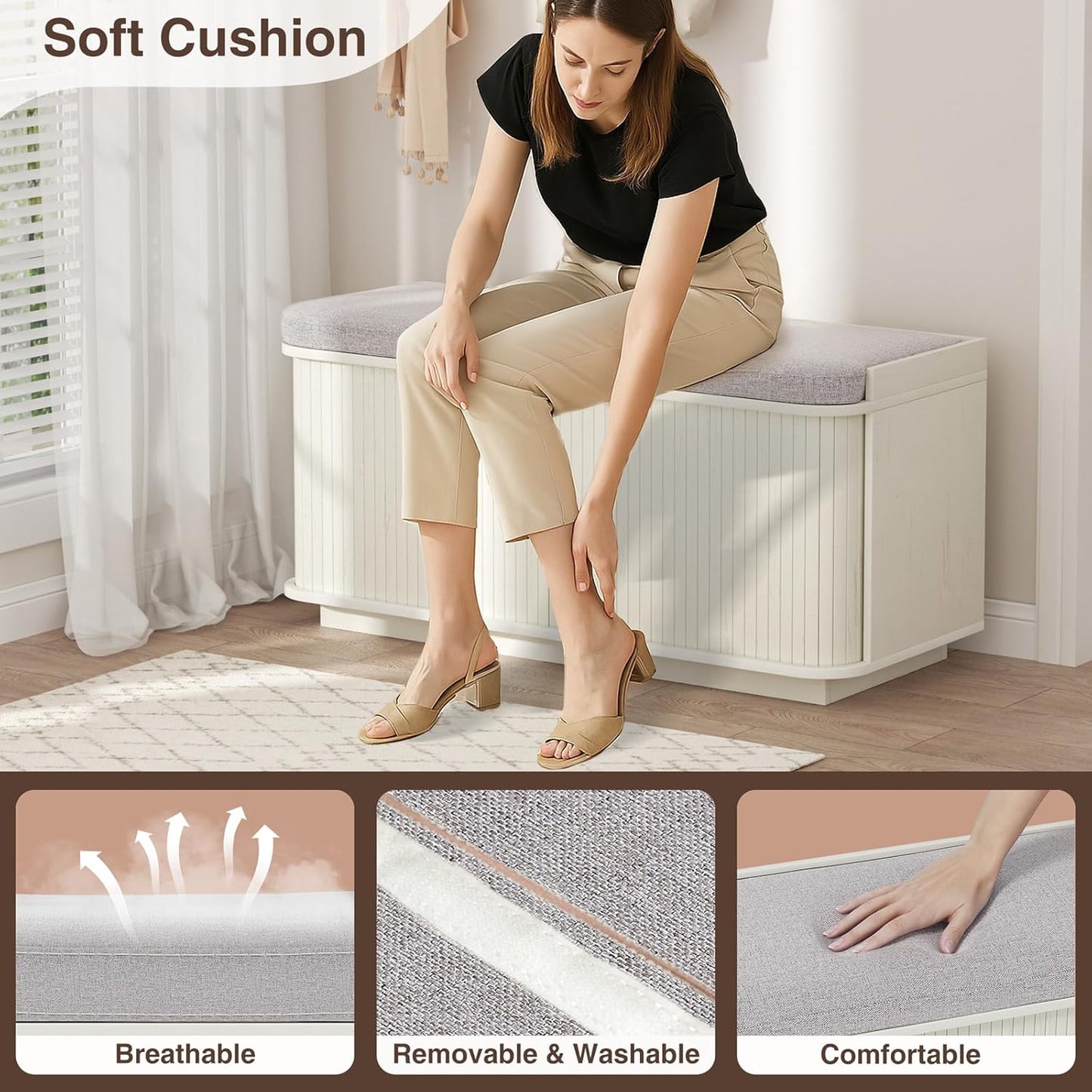 Cream White 39.4" W 2-Tier Shoe Bench with Storage | Entryway Bench with Padded Cushion, Sliding Doors & 5 Hooks