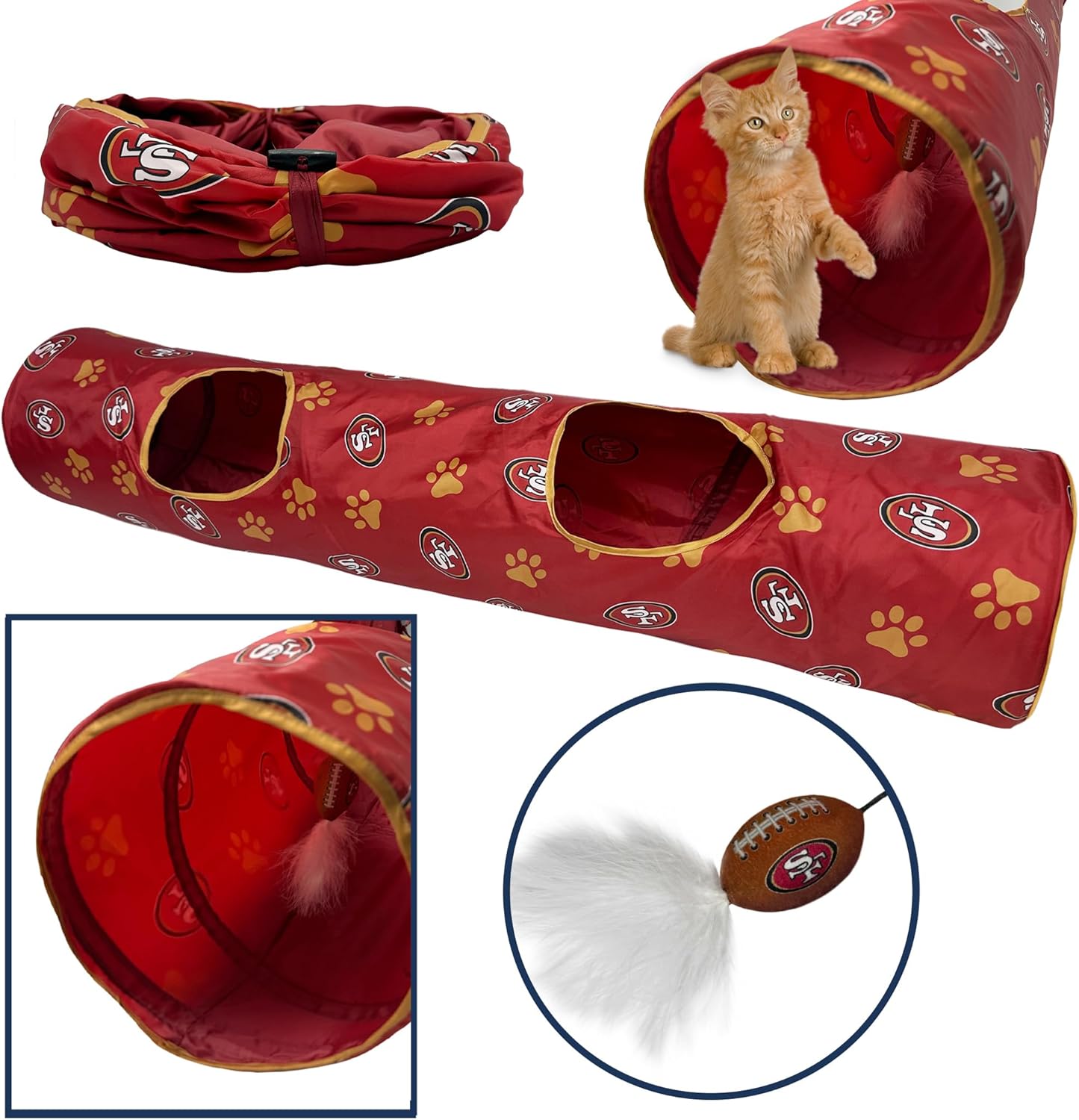 NFL San Francisco 49ers Cat Tunnel Tube Toy with Plush Football Catnip and Feathers Collapsible Tunnel for Cats to Play, Peek and Hide, Sporty & Fun Cat Tunnel Toy with Team Logo All-Over Design!