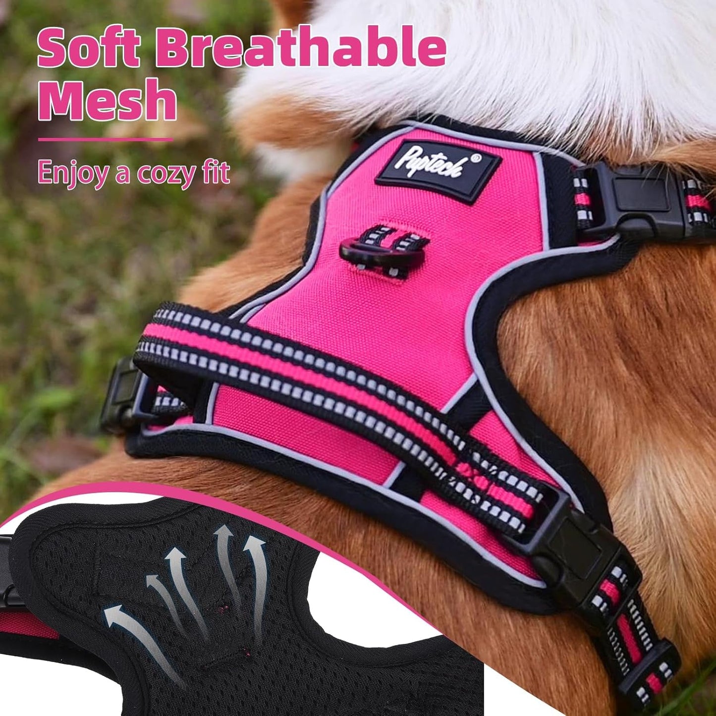 PUPTECK No Pull Dog Harness Small Sized, Adjustable Reflective Dog Harness with Handle Easy Control, Comfortable Soft Padded Pet Vest Harness for Small Dogs, Fuschia S