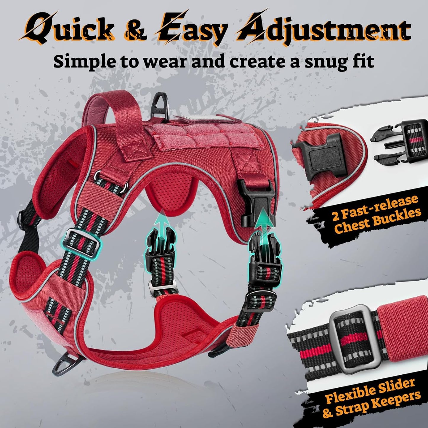 rabbitgoo Dog Harness Medium Sized No Pull, Tactical Service Pet Vest with Molle and Control Handle, Adjustable and Reflective Military Harness for Easy Walking and Training, Red, M