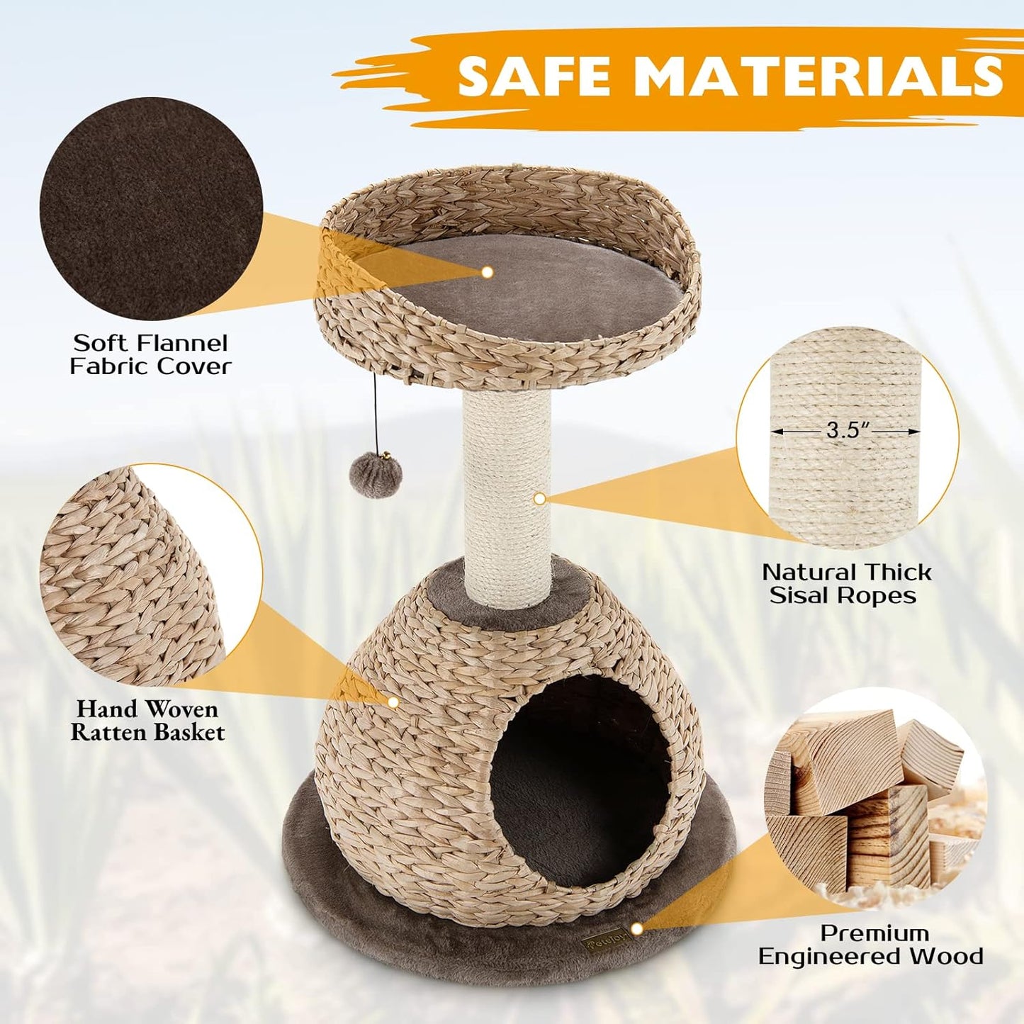 Tangkula Modern Cat Tree, Small Cat Tower with Natural Sisal Scratching Post, Hand-Made Wicker Cat Condo & Top Perch, Funny Hanging Toy Ball, Cute Cat Tree Tower for Indoor Cats