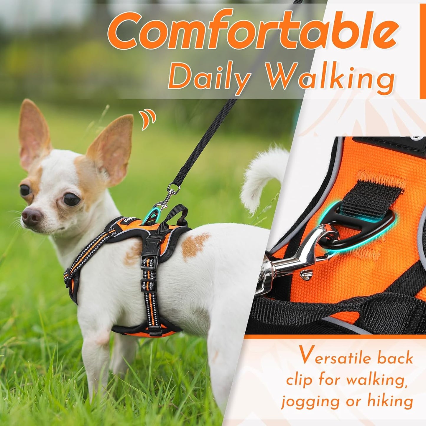 Eagloo Small Dog Harness No Pull, Service Vest with Reflective Strips and Control Handle, Adjustable and Comfortable for Easy Walking, No Choke Pet Harness with 2 Metal Rings, Orange, XS