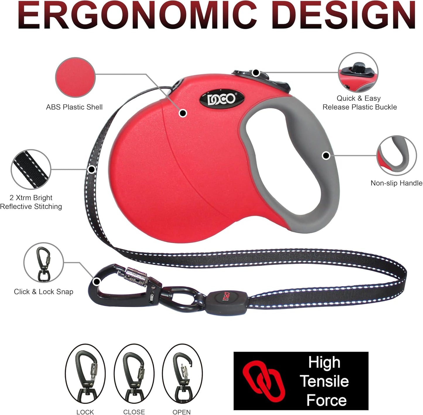 DOCO Retractable Dog Leash for Large Dogs (Length - 16’, Weight - Upto 45lb) Reflective Tape Lead with Stop and Lock Control, Tangle Free 360° Swivel Snap & Anti-Slip Grip (Black, Medium)