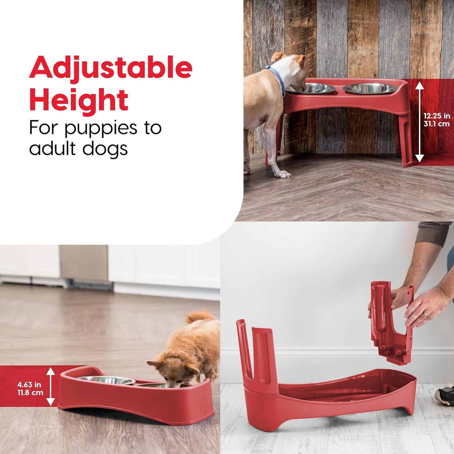 IRIS USA Elevated Dog Bowls, Adjustable Height, 2 Thick 64 oz Stainless Steel Bowls, Spill-Proof with Raised Outer Rim, Durable Made in USA Plastic, Easy Assemble, 2 Heights 4.63" or 12.25" Red