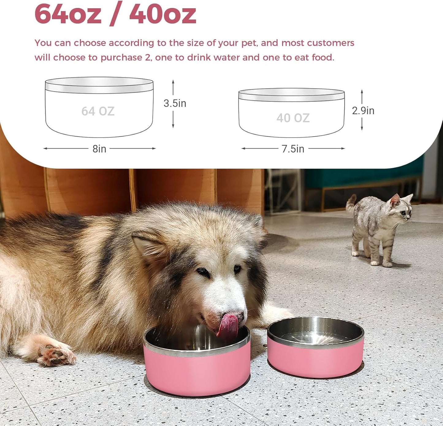 Dog Bowl, Stainless Steel Dog Food and Water Bowl with Non Slip Quiet Bottom, Easy to Clean, Dishwasher Safe, 64oz, Pink