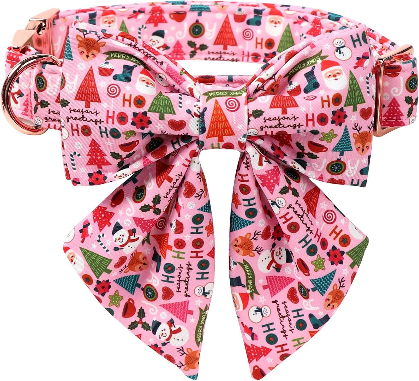 Lionet Paws Christmas Dog Collar with Sailor Bow, Cute Ho Christmas Tree Snowman Pink Dog Collar Bow Tie for Dogs, Small, Neck 10-16 inches