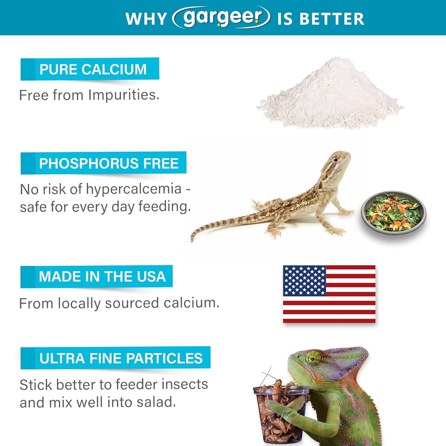 4oz All Reptile Calcium Powder, Phosphorus-Free Ultrafine Powder, Pure Dust Without Vitamin D3, Ready to Use for All Reptiles, Lizards & Amphibians Supplement. Made in The USA. Enjoy !