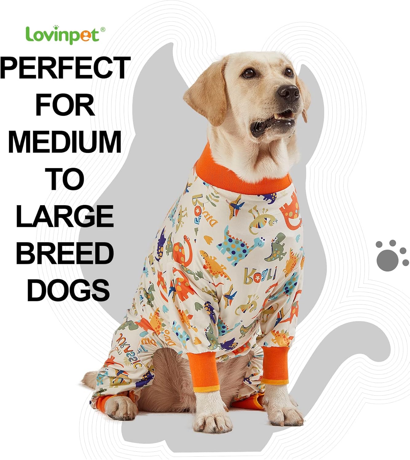 LovinPet Dog Pjs Large Breed, Anti Licking, Recovery Wear, Lightweight Jurassic Knit, UV for Medium Dogs/Medium