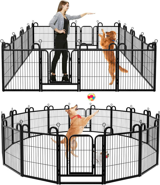 Puppy Playpen 16 Panels Small Dog Fence Outdoor Indoor Use 24" Height Anti-Rust with Doors Portable Dog Play Pen for RV Camping Yard, Total 29FT, 68 Sq.ft, Snowy Black