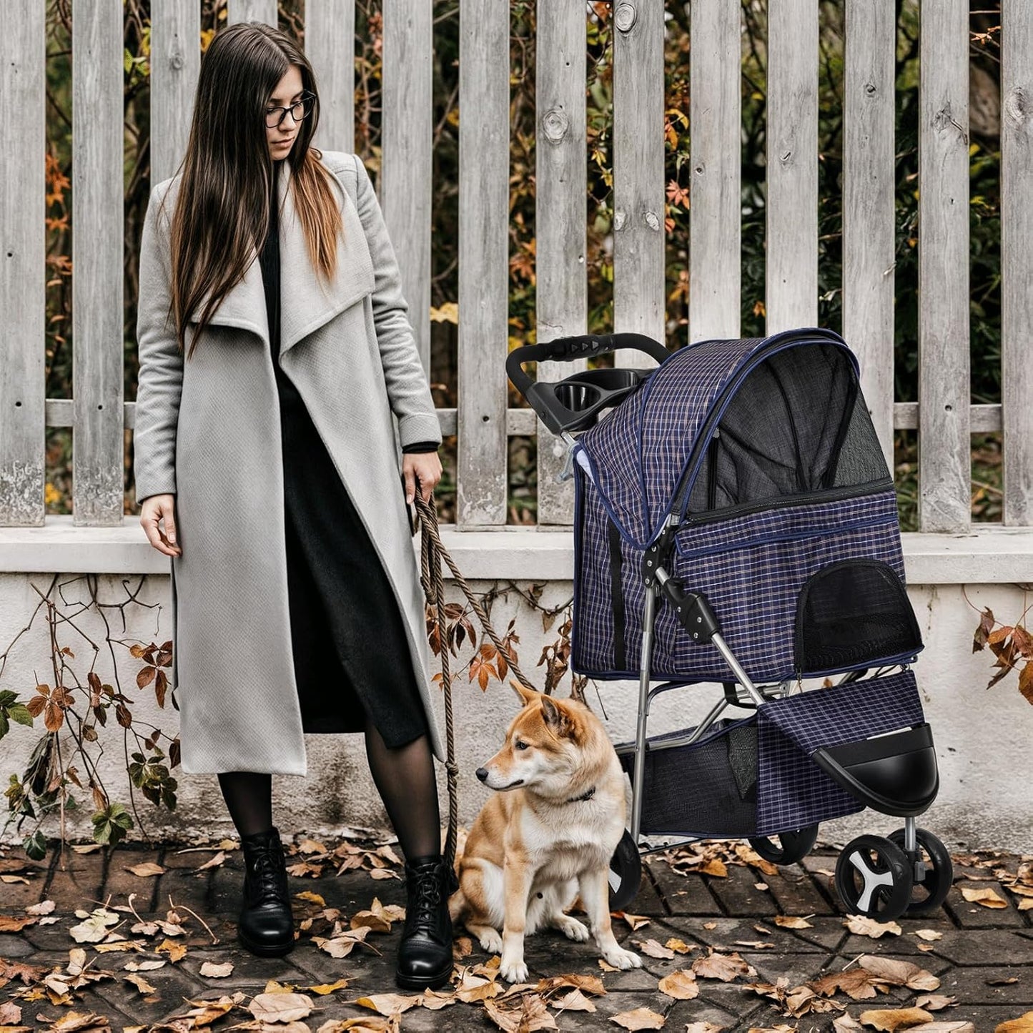 MoNiBloom 3 Wheels Pet Dog Cat Stroller for Small Medium Dogs Cats, Lightweight Foldable Jogger Stroller w/Storage Basket and Cup Holder, Plaid