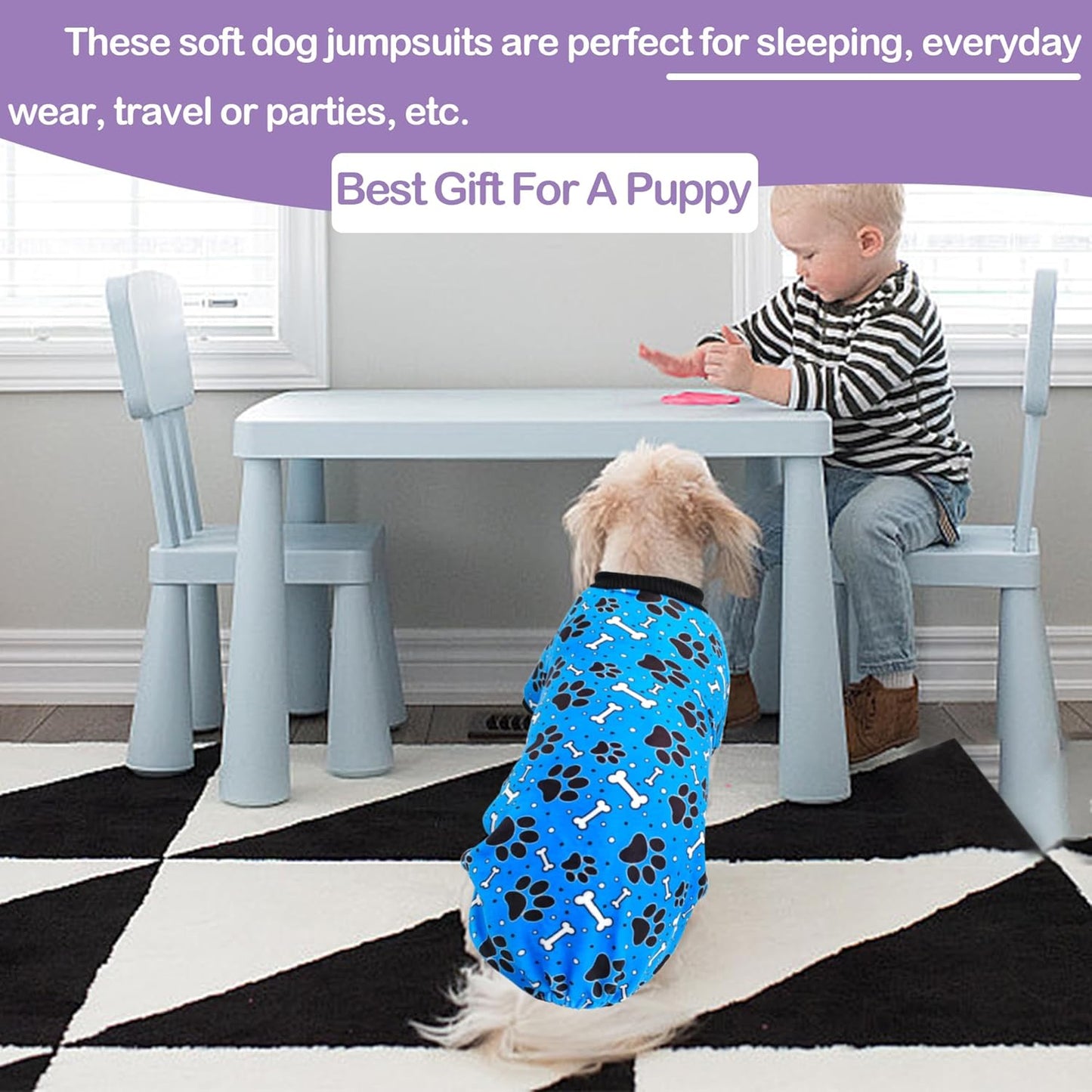 PET SHOW 4 Pack Small Dog Pajamas Paw Bone Patterns Cute Clothes for Medium Dogs Soft Fleece Stretchy PJs 4 Legged Jumpsuit Puppy Cats Onesies Outfits with Sleeve Dachshund Doggies Girl Boy (XX-Large)