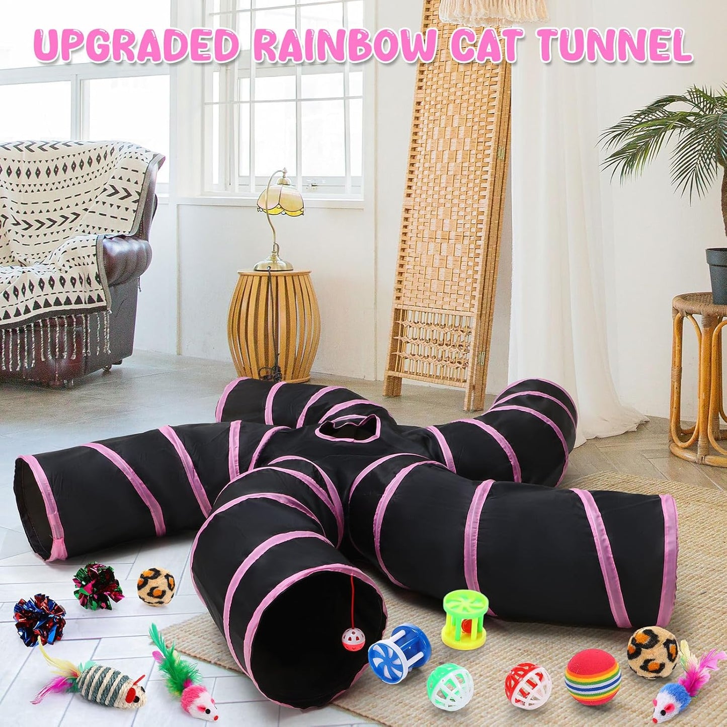 Poen 21 Pcs Cat Tunnel for Indoor Set Collapsible 5 Way Tubes with 20 Pcs Cat Kitten Toys Interactive Feather Toy Mouse Crinkle Balls Tube for Puppy Kitten Rabbit(Pink Black)