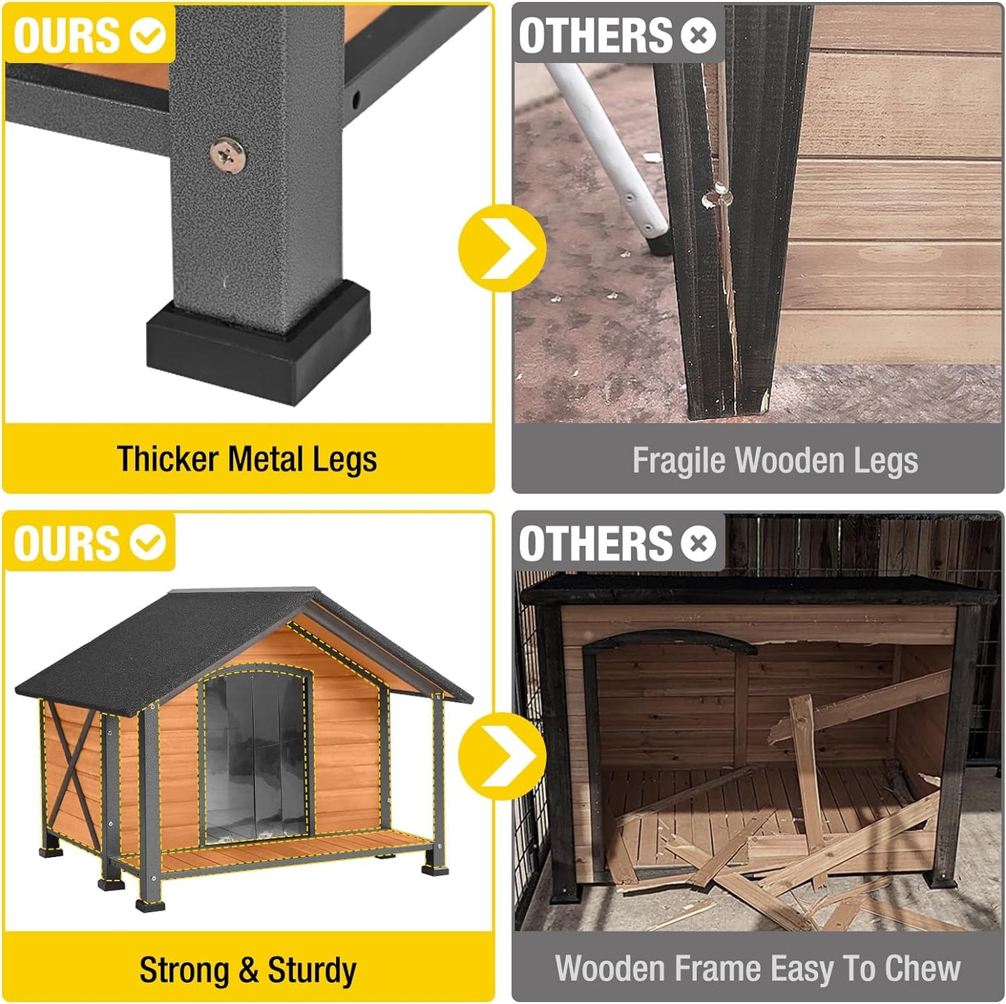 Aivituvin Dog House with Anti-Chewing Metal Frame Outdoor Large Wooden Dog Kennel Outside with Overhang Roof Large Porch Weatherproof