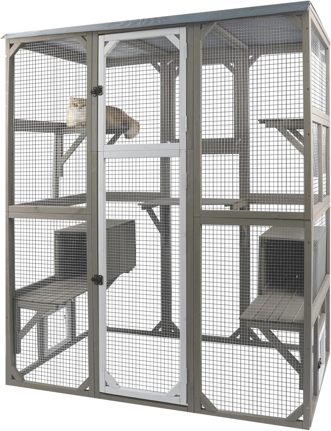 Catio Outdoor Cat Enclosure Large Window Cat House Walk in Kitty Cage with Multi-Level Platforms, Waterproof Roof for Mulitiple Cats (59" L x 29.5" W x 67.7" H)