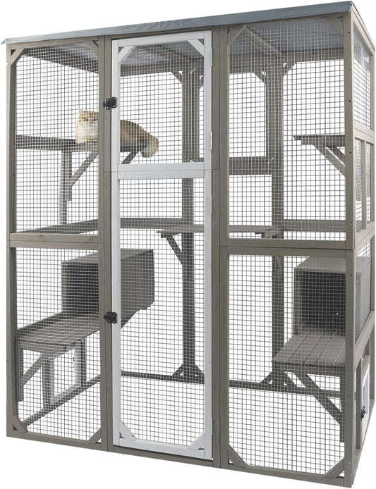 Catio Outdoor Cat Enclosure Large Window Cat House Walk in Kitty Cage with Multi-Level Platforms, Waterproof Roof for Mulitiple Cats (59" L x 29.5" W x 67.7" H)