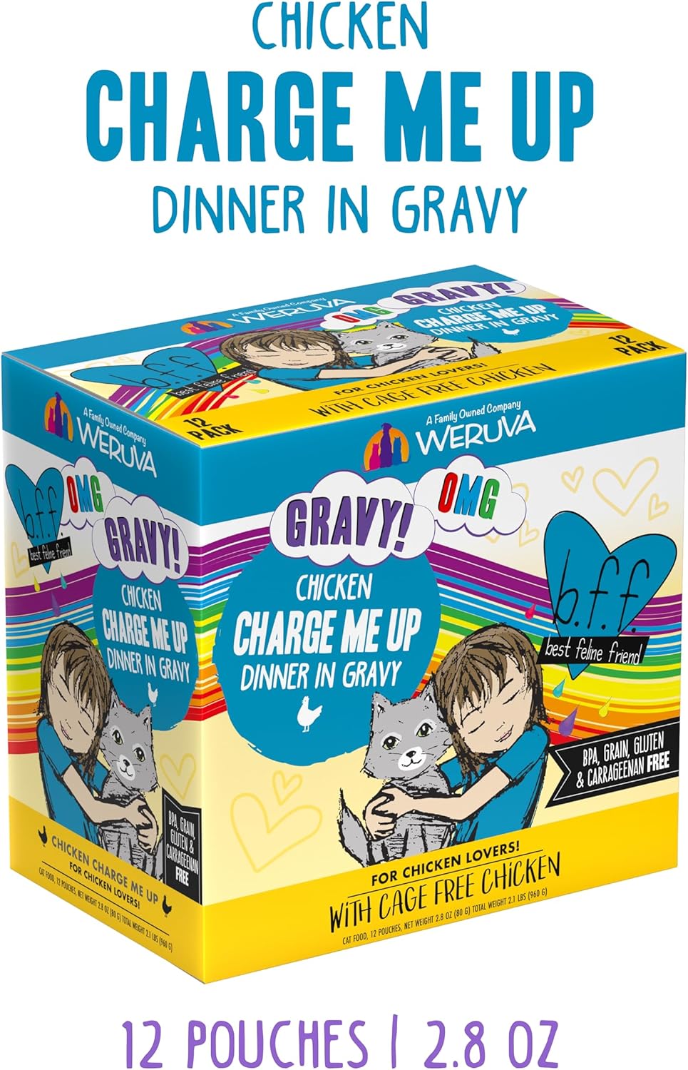 Weruva B.F.F. OMG - Best Feline Friend Oh My Gravy!, Chicken Charge Me Up with Chicken in Gravy, 2.8oz Pouch (Pack of 12)