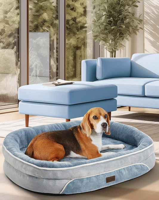 OhGeni Orthopedic Dog Couch Pet Sofa Large Sized Cat Beds with Comfort Foam Support, Soft Comfortable Fabric, Machine Washable Waterproof Removable Cover, 35-Inch (Washed Blue)