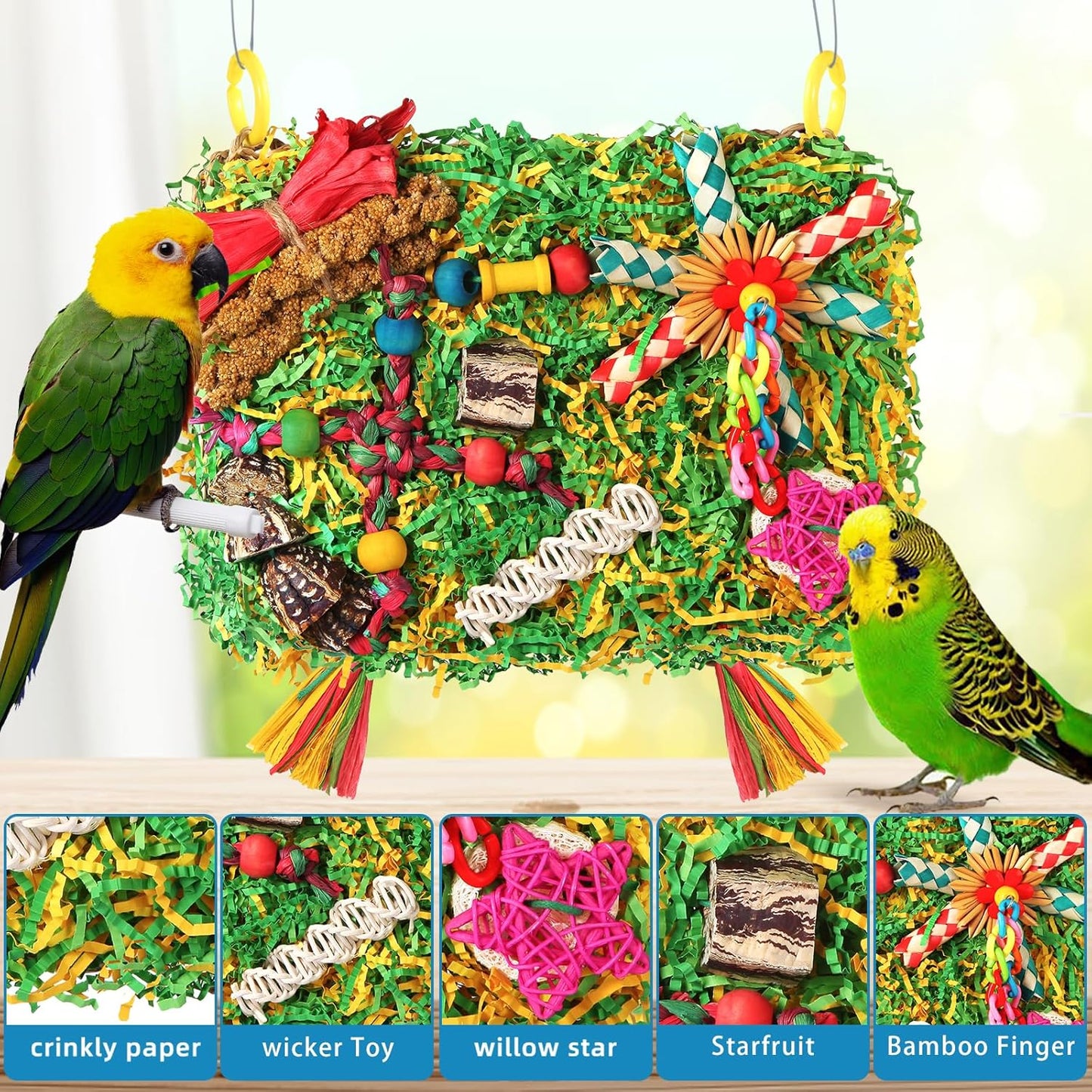 Bird Toys Parakeet Toys,Large-Sized Parrot Foraging & Shredding Cage Hanging Toys with Seagrass Mat for Budgies,Cockatiels,Lovebirds,Conures Small & Medium Parrots (Colorful with Starfruit (1PCS))