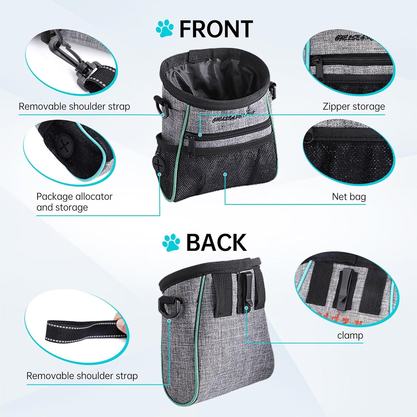 Dog Treat Pouches Training Walking Bag with Shoulder Strap, Large Space for Pets Food, Polyester Fabric, 3-Way Wearing Design, Portable Pet Bagand Easy to Clean, Black with Grey