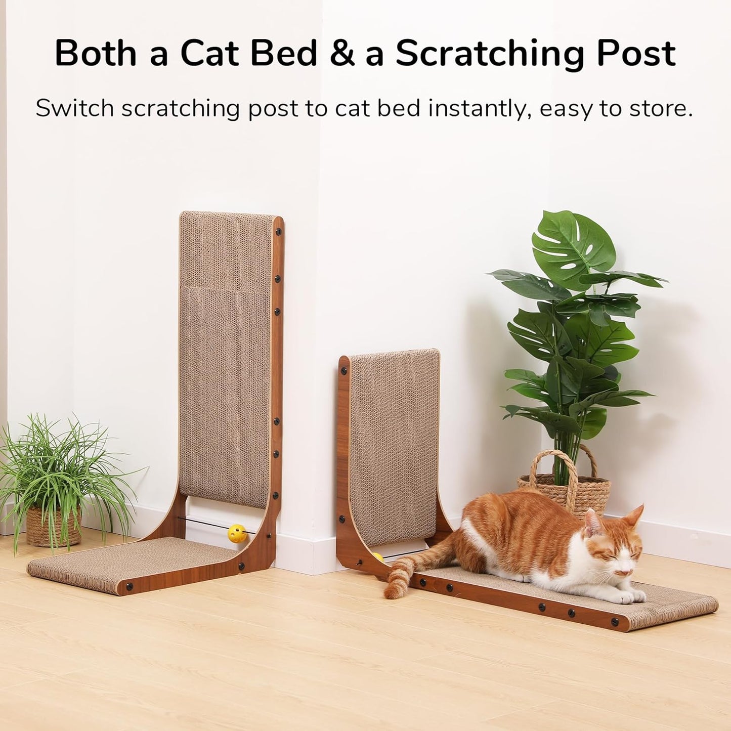 FUKUMARU Cat Scratcher, 26.8 Inch Cat Scratch Pad for Indoor Cats, L Shaped Cardboard Vertical Cats Scratching Board with Ball Toy, Walnut Color, 2 Packs
