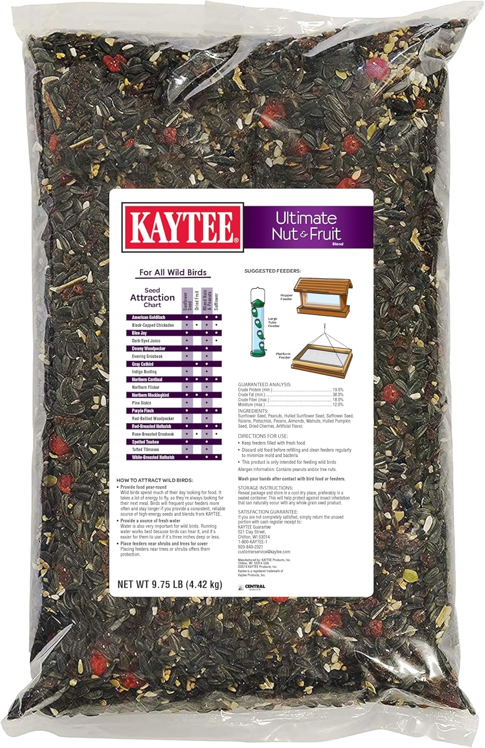 Kaytee Ultimate Nut and Fruit Wild Bird Food for Cardinals, Finches, Chickadees, Nuthatches, Woodpeckers, Grosbeaks, Juncos, 9.75 lb
