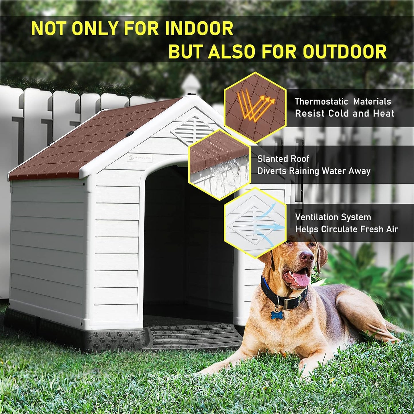 LEMBERI Durable Waterproof Plastic Dog House for Small to Large Sized Dogs, Indoor Outdoor Doghouse Puppy Shelter with Elevated Floor, Easy to Assemble (Brown, 42''L*38''W*39''H)